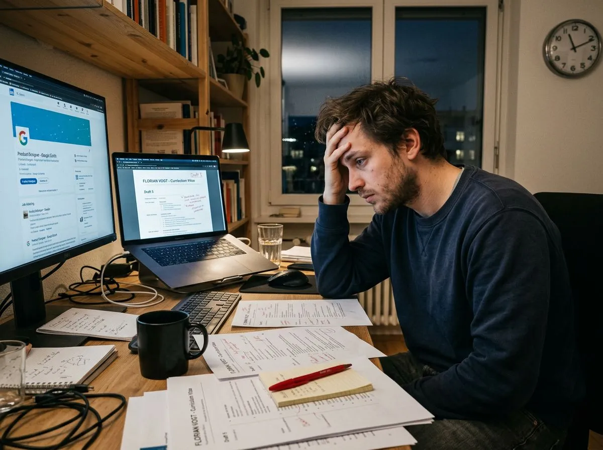 Young man slumped at his desk at night, reworking his CV among printed drafts