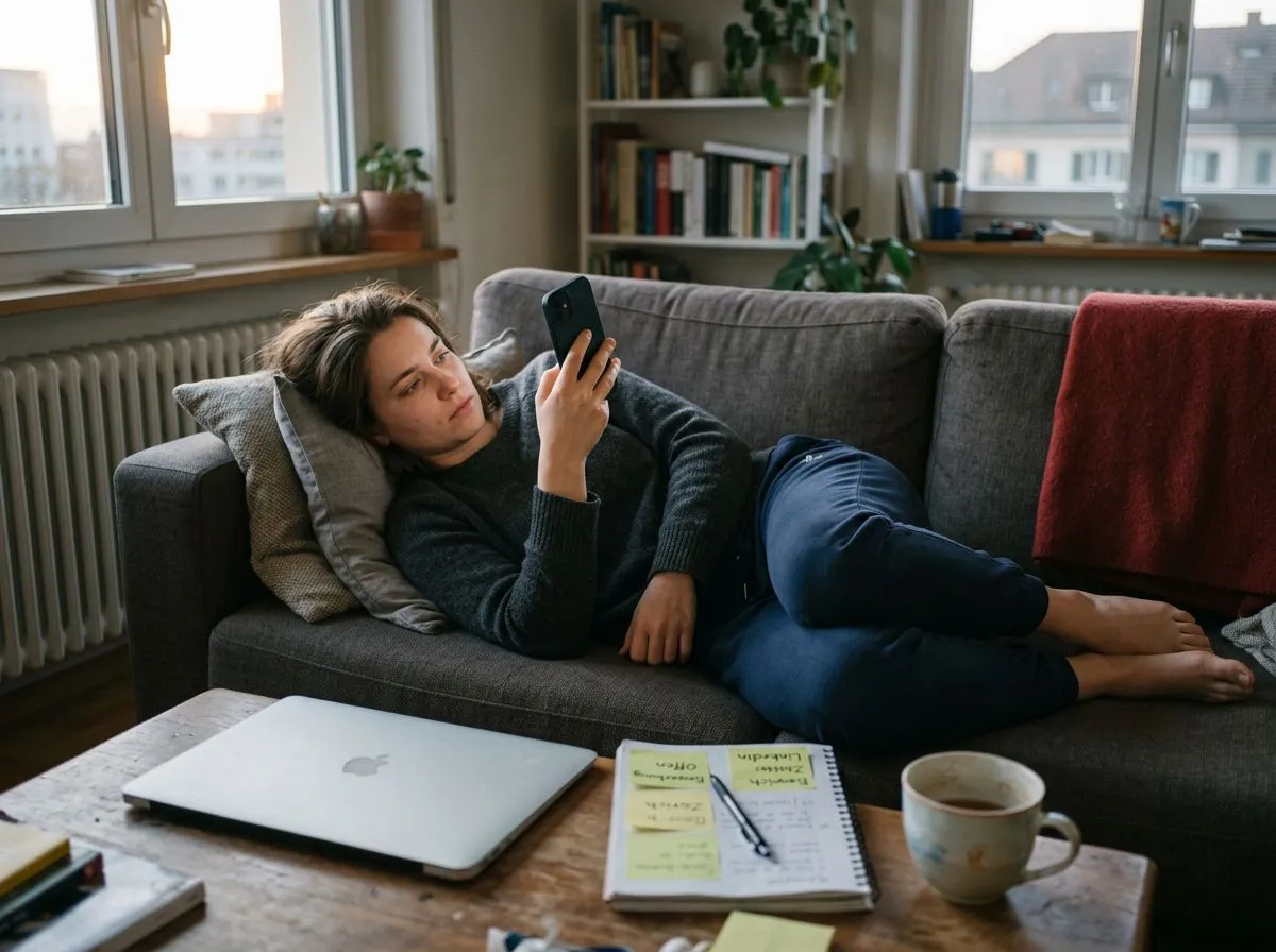 Young woman lying on a sofa, listlessly scrolling job listings on her phone