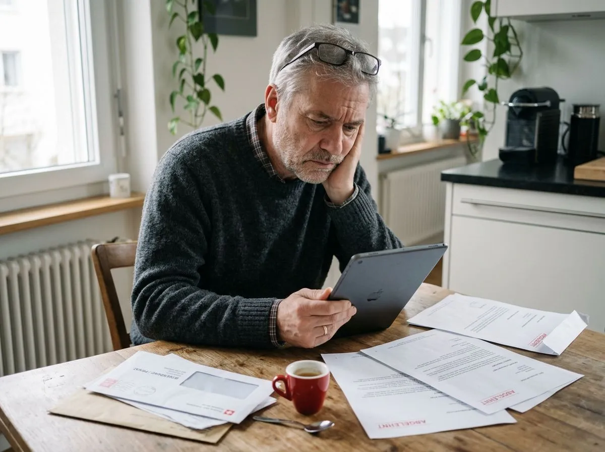 Older man at a kitchen table reading a rejection email on a tablet, surrounded by rejection letters