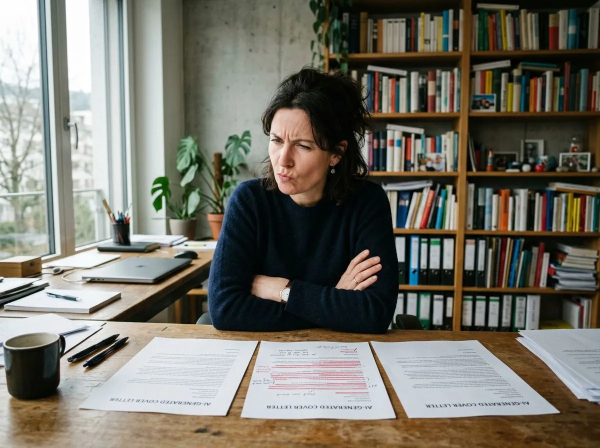 Woman skeptically comparing three nearly identical AI-generated cover letters at her desk